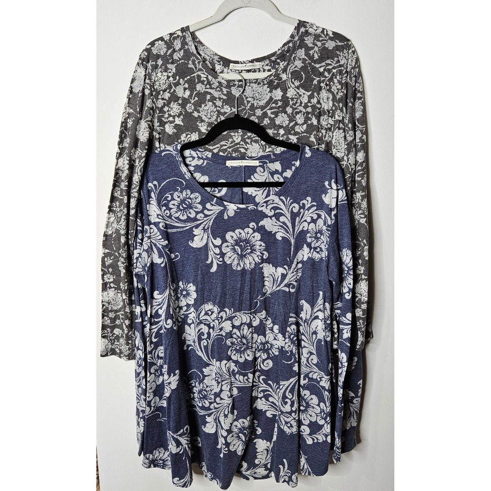 Peruvian Connection SET OF 2 Womens Floral Knit Tops Blue Grey Long Sleeve M/L